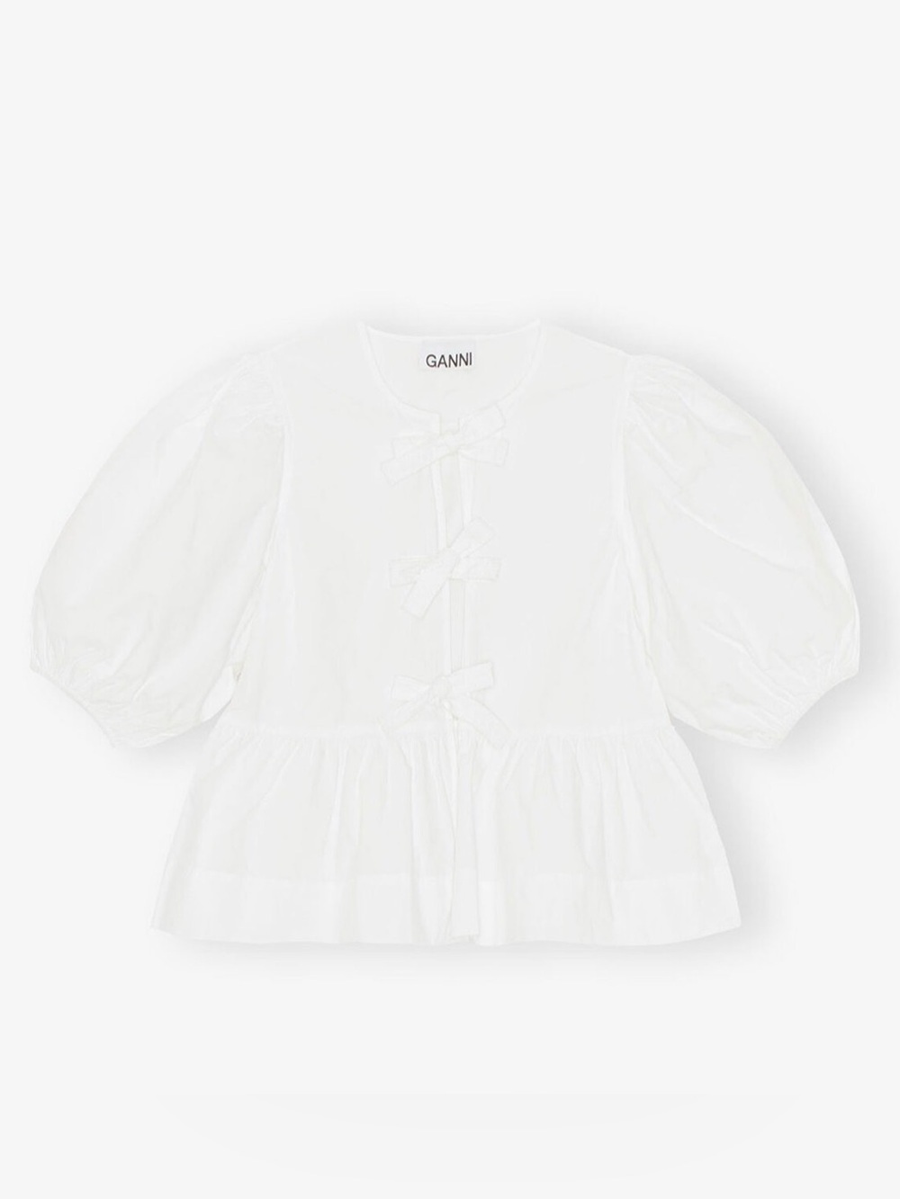 Ganni White Puff-Sleeve Peplum Top with Front Bows - cotton poplin